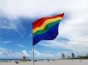 Gay flag flying over South Beach, Miami, Florida, United States of America, North America